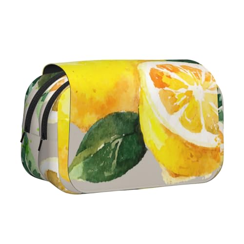 YXDVPALNE Aquarell Sommer Obst Zitronen Slich Blätter Doppeltes Clamshell-Stifteetui, tragbares Bleistiftetui mit Reißverschluss von YXDVPALNE