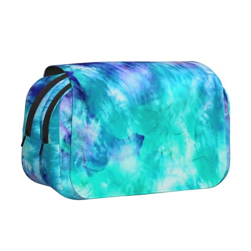 YXDVPALNE Aquarell Teal Blau Tie Dye Doppeltes Clamshell-Stifteetui, tragbares Bleistiftetui mit Reißverschluss von YXDVPALNE