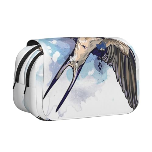 YXDVPALNE Aquarell Vogel Schwalbe Doppeltes Clamshell-Stifteetui, tragbares Bleistiftetui mit Reißverschluss von YXDVPALNE