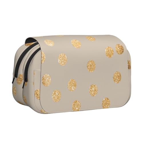 YXDVPALNE Beige und goldene Glitzer-Tupfen Doppeltes Clamshell-Stifteetui, tragbares Bleistiftetui mit Reißverschluss von YXDVPALNE