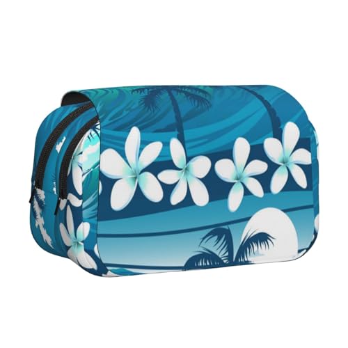 YXDVPALNE Blaues tropisches Surfen mit Palmen Doppeltes Clamshell-Stifteetui, tragbares Bleistiftetui mit Reißverschluss von YXDVPALNE