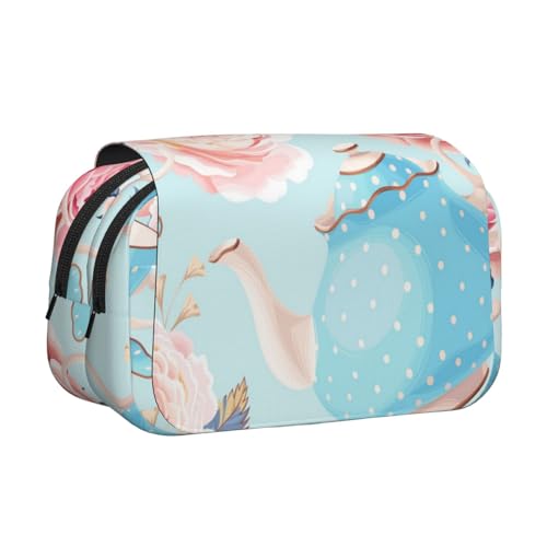 YXDVPALNE Blumen Rosen Vintage Teekanne Tassen Doppeltes Clamshell-Stifteetui, tragbares Bleistiftetui mit Reißverschluss von YXDVPALNE