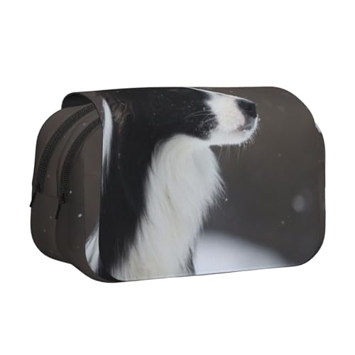 YXDVPALNE Border Collie Hund im Schnee gefleckt Doppeltes Clamshell-Stifteetui, tragbares Bleistiftetui mit Reißverschluss von YXDVPALNE
