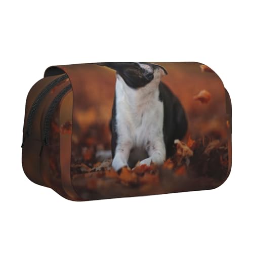 YXDVPALNE Boston Terrier Herbst Bokeh Hunde Hunde Doppeltes Clamshell-Stifteetui, tragbares Bleistiftetui mit Reißverschluss von YXDVPALNE