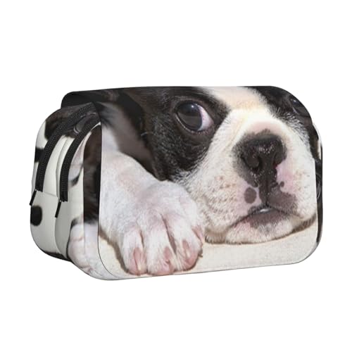 YXDVPALNE Boston Terrier Hund Doppeltes Clamshell-Stifteetui, tragbares Bleistiftetui mit Reißverschluss von YXDVPALNE