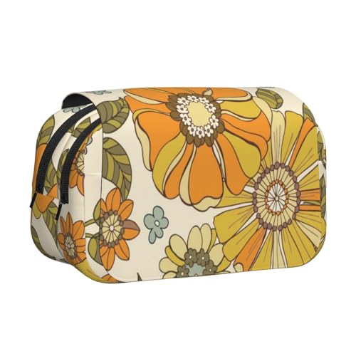 YXDVPALNE Bunte Retro 70er Jahre Blume Doppeltes Clamshell-Stifteetui, tragbares Bleistiftetui mit Reißverschluss von YXDVPALNE