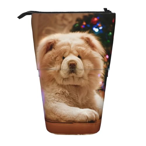 YXDVPALNE Chow Chow Weiße Flauschige Hunde Haustiere Hunde Weihnachten, Teleskop-Federmäppchen, Ständer-Federmäppchen mit Reißverschluss-Stiftetasche von YXDVPALNE