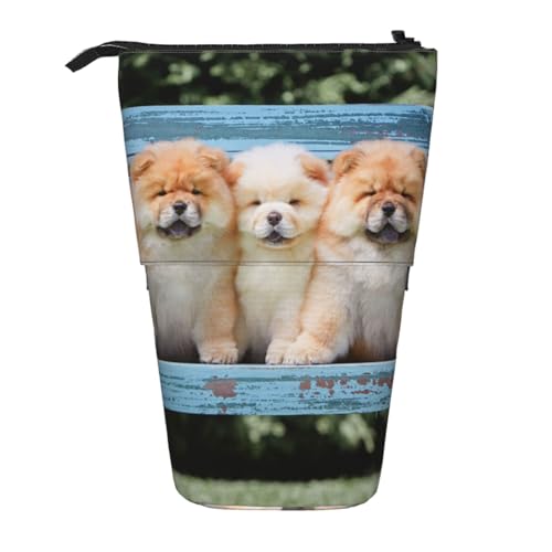 YXDVPALNE Chow-Chow süße Hunde fünf Welpen, Teleskop-Federmäppchen, Ständer-Federmäppchen mit Reißverschluss-Stiftetasche von YXDVPALNE