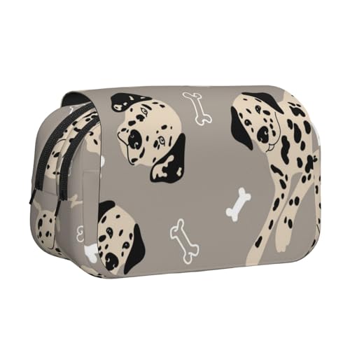 YXDVPALNE Dalmatiner und Knochen auf Grau Doppeltes Clamshell-Stifteetui, tragbares Bleistiftetui mit Reißverschluss von YXDVPALNE