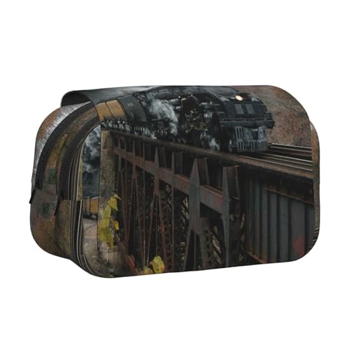 YXDVPALNE Dampfzug und Eisenbahn Doppeltes Clamshell-Stifteetui, tragbares Bleistiftetui mit Reißverschluss von YXDVPALNE