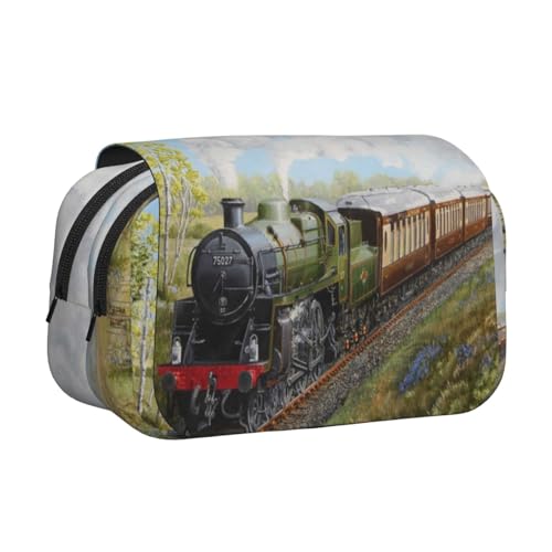 YXDVPALNE Dampfzug und Eisenbahn Doppeltes Clamshell-Stifteetui, tragbares Bleistiftetui mit Reißverschluss von YXDVPALNE