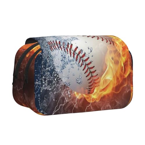 YXDVPALNE EIN Bild eines Baseballs in Wasser und Feuer Doppeltes Clamshell-Stifteetui, tragbares Bleistiftetui mit Reißverschluss von YXDVPALNE