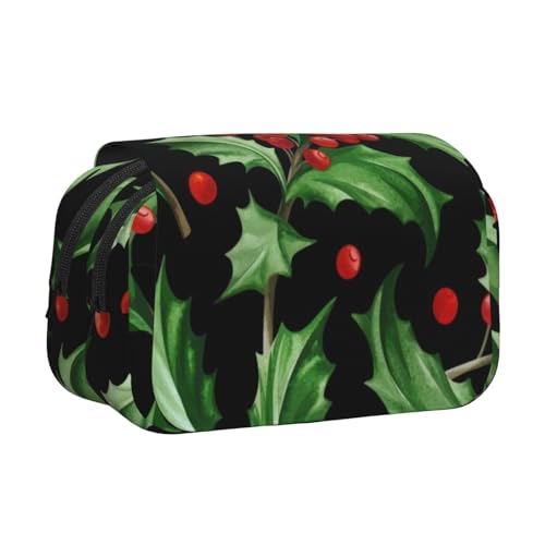 YXDVPALNE Frohe Weihnachten Holly Doppeltes Clamshell-Stifteetui, tragbares Bleistiftetui mit Reißverschluss von YXDVPALNE