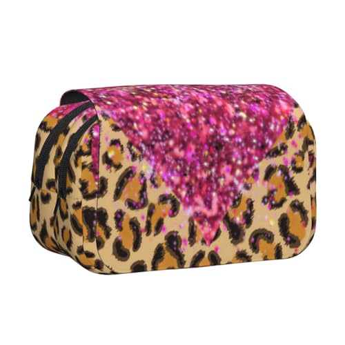 YXDVPALNE Funkelnde rosa Herzen und Leopardenmuster Doppeltes Clamshell-Stifteetui, tragbares Bleistiftetui mit Reißverschluss von YXDVPALNE