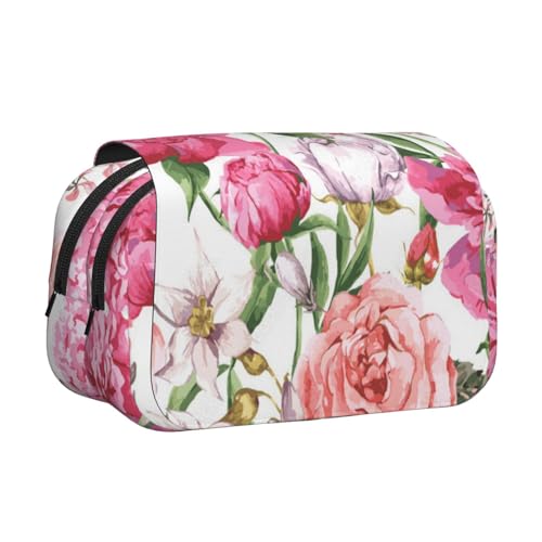 YXDVPALNE Gartenpfingstrose Doppeltes Clamshell-Stifteetui, tragbares Bleistiftetui mit Reißverschluss von YXDVPALNE