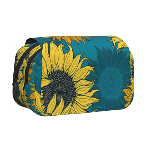 YXDVPALNE Gelbe Sonnenblumen auf blauem Hintergrund Doppeltes Clamshell-Stifteetui, tragbares Bleistiftetui mit Reißverschluss von YXDVPALNE