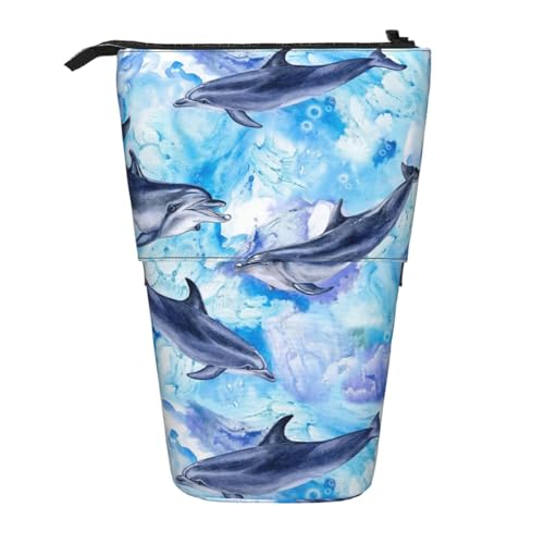 YXDVPALNE Gemälde Delfin, Teleskop-Federmäppchen, Ständer-Federmäppchen mit Reißverschluss-Stiftetasche von YXDVPALNE
