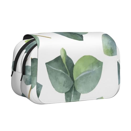 YXDVPALNE Grüne Blätter Weiß Doppeltes Clamshell-Stifteetui, tragbares Bleistiftetui mit Reißverschluss von YXDVPALNE