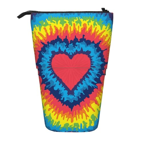 YXDVPALNE Herz Liebe Regenbogen Tie Dye, Teleskop-Federmäppchen, Ständer-Federmäppchen mit Reißverschluss-Stiftetasche von YXDVPALNE