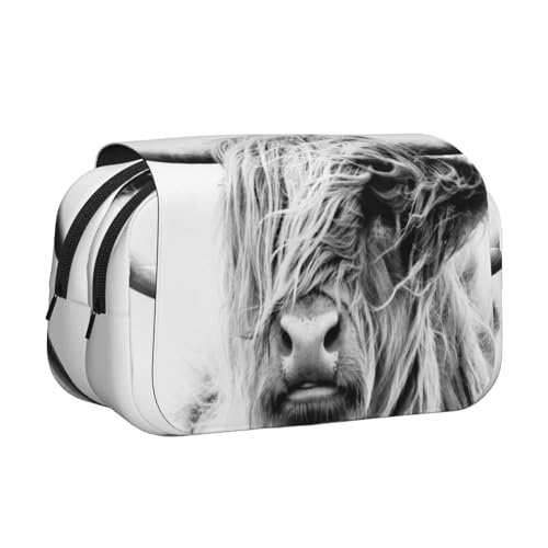 YXDVPALNE Hochlandrind Doppeltes Clamshell-Stifteetui, tragbares Bleistiftetui mit Reißverschluss von YXDVPALNE