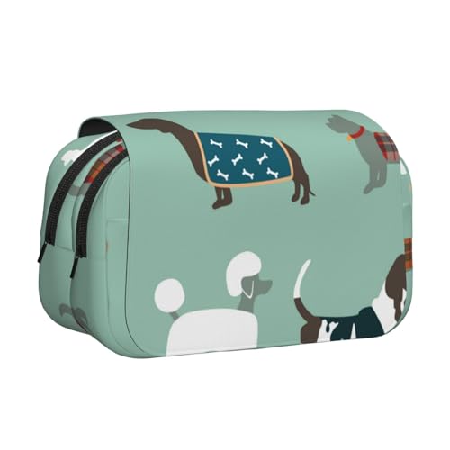 YXDVPALNE Hunde auf Blau Doppeltes Clamshell-Stifteetui, tragbares Bleistiftetui mit Reißverschluss von YXDVPALNE