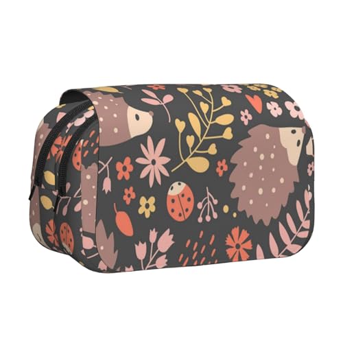 YXDVPALNE Igel und Blumen Doppeltes Clamshell-Stifteetui, tragbares Bleistiftetui mit Reißverschluss von YXDVPALNE