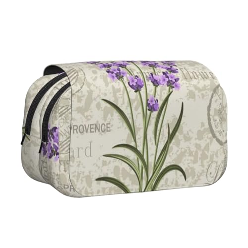 YXDVPALNE Lavendel auf Vintage Postkarte Doppeltes Clamshell-Stifteetui, tragbares Bleistiftetui mit Reißverschluss von YXDVPALNE