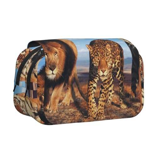 YXDVPALNE Löwe, Leopard und Tiger kämpfen um Nahrung. Gedruckt Doppeltes Clamshell-Stifteetui, tragbares Bleistiftetui mit Reißverschluss von YXDVPALNE