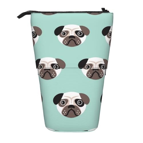 YXDVPALNE Mops Blauer Welpe Illustration Kinder Muster, Teleskop-Federmäppchen, Ständer-Federmäppchen mit Reißverschluss-Stiftetasche von YXDVPALNE