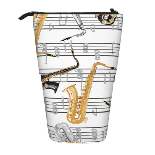 YXDVPALNE Musiknoten Saxophone, Teleskop-Federmäppchen, Ständer-Federmäppchen mit Reißverschluss-Stiftetasche von YXDVPALNE