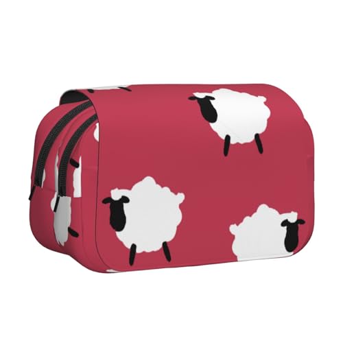 YXDVPALNE Niedliche Schafe Cartoon Weiße Schafe Rot Gedruckt Doppeltes Clamshell-Stifteetui, tragbares Bleistiftetui mit Reißverschluss von YXDVPALNE
