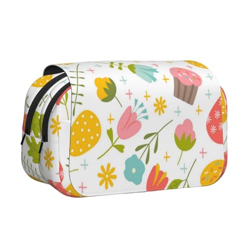 YXDVPALNE Ostern Frühling mit Blumen und Eiern Doppeltes Clamshell-Stifteetui, tragbares Bleistiftetui mit Reißverschluss von YXDVPALNE