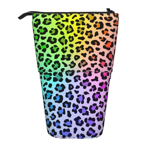 YXDVPALNE Radiales Regenbogen-Mehrfarben-Leopardenmuster, Teleskop-Federmäppchen, Ständer-Federmäppchen mit Reißverschluss-Stiftetasche von YXDVPALNE