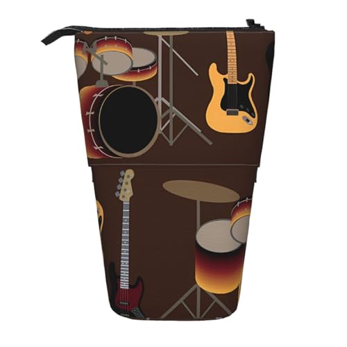 YXDVPALNE Rock-Muster von Retro-Schlagzeug, Teleskop-Federmäppchen, Ständer-Federmäppchen mit Reißverschluss-Stiftetasche von YXDVPALNE