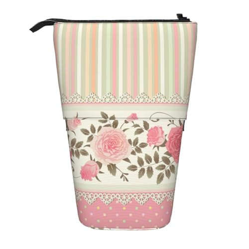 YXDVPALNE Rosa Blumen Tupfen Neutral Gestreift Combo Vintage Shabby Chic Blume Spitze Muster, Teleskop-Federmäppchen, Ständer-Federmäppchen mit Reißverschluss-Stiftetasche von YXDVPALNE