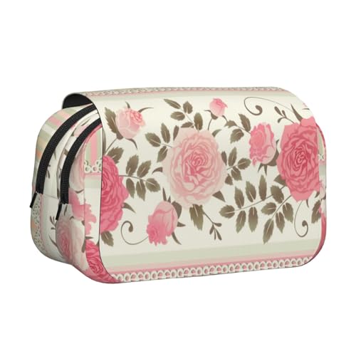 YXDVPALNE Rosa Blumen Tupfen Neutral Gestreift Combo Vintage Shabby Chic Blume Spitze Muster Doppeltes Clamshell-Stifteetui, tragbares Bleistiftetui mit Reißverschluss von YXDVPALNE