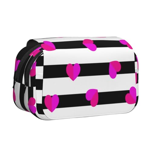 YXDVPALNE Rosa Herz auf schwarzer Linie Doppeltes Clamshell-Stifteetui, tragbares Bleistiftetui mit Reißverschluss von YXDVPALNE