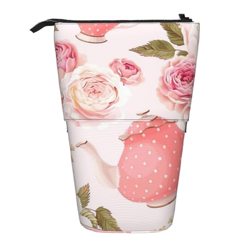 YXDVPALNE Rosa Teekanne Bedruckt, Teleskop-Federmäppchen, Ständer-Federmäppchen mit Reißverschluss-Stiftetasche von YXDVPALNE