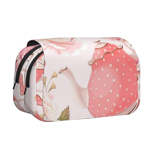 YXDVPALNE Rosa Teekanne Bedruckt Doppeltes Clamshell-Stifteetui, tragbares Bleistiftetui mit Reißverschluss von YXDVPALNE