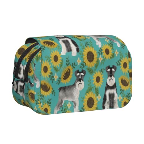YXDVPALNE Schnauzer Sonnenblumen Frühling Sommer Blumen Hunderasse Hund Doppeltes Clamshell-Stifteetui, tragbares Bleistiftetui mit Reißverschluss von YXDVPALNE