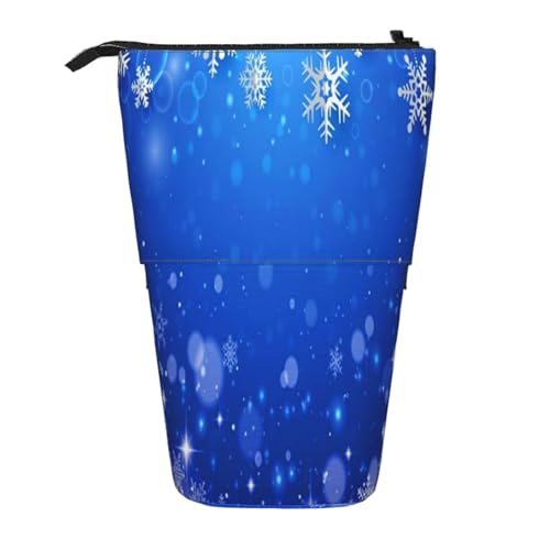 YXDVPALNE Schneeflocke Blau Winter Weihnachten, Teleskop-Federmäppchen, Ständer-Federmäppchen mit Reißverschluss-Stiftetasche von YXDVPALNE