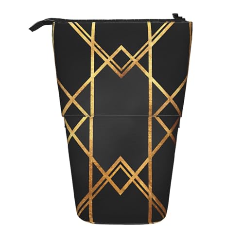 YXDVPALNE Schwarz Gold Geometrisch, Teleskop-Federmäppchen, Ständer-Federmäppchen mit Reißverschluss-Stiftetasche von YXDVPALNE