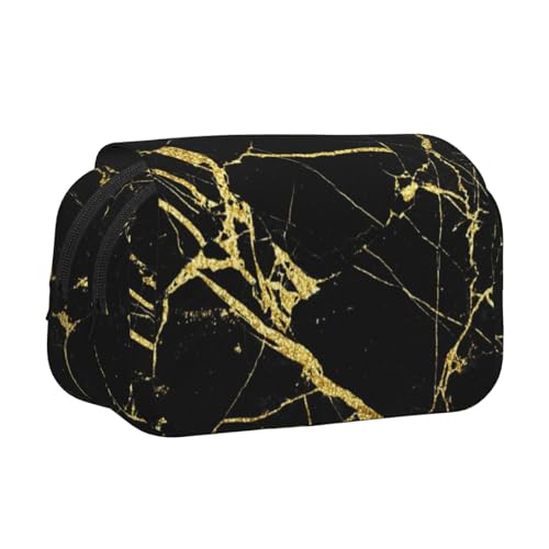 YXDVPALNE Schwarz-Gold-Marmor-Druck Doppeltes Clamshell-Stifteetui, tragbares Bleistiftetui mit Reißverschluss von YXDVPALNE