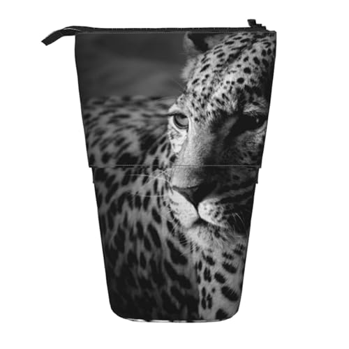 YXDVPALNE Schwarz-Weiß-Bild eines Leoparden, Teleskop-Federmäppchen, Ständer-Federmäppchen mit Reißverschluss-Stiftetasche von YXDVPALNE