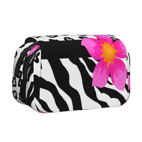 YXDVPALNE Schwarz-Weiß-Zebra und Gepard Haut und rosa Blume Doppeltes Clamshell-Stifteetui, tragbares Bleistiftetui mit Reißverschluss von YXDVPALNE