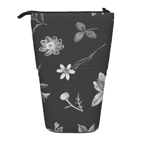YXDVPALNE Schwarzes Blumen-Tapeten-Design, Teleskop-Federmäppchen, Ständer-Federmäppchen mit Reißverschluss-Stiftetasche von YXDVPALNE