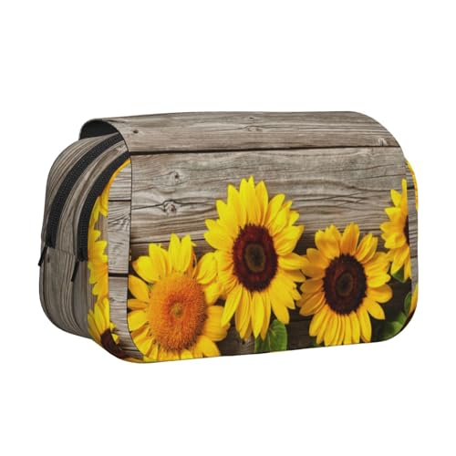 YXDVPALNE Sonnenblume auf rustikalem Holz Doppeltes Clamshell-Stifteetui, tragbares Bleistiftetui mit Reißverschluss von YXDVPALNE