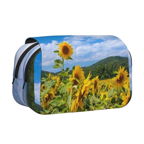 YXDVPALNE Sonnenblumenmeer und Blauer Himmel mit weißen Wolken Doppeltes Clamshell-Stifteetui, tragbares Bleistiftetui mit Reißverschluss von YXDVPALNE