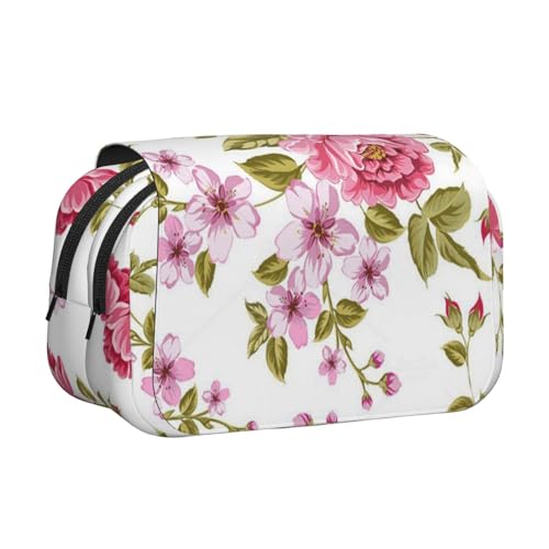 YXDVPALNE Strohrosa Pfingstrosen Doppeltes Clamshell-Stifteetui, tragbares Bleistiftetui mit Reißverschluss von YXDVPALNE