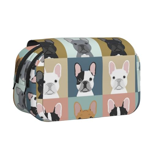 YXDVPALNE Süße französische Bulldoggen Doppeltes Clamshell-Stifteetui, tragbares Bleistiftetui mit Reißverschluss von YXDVPALNE
